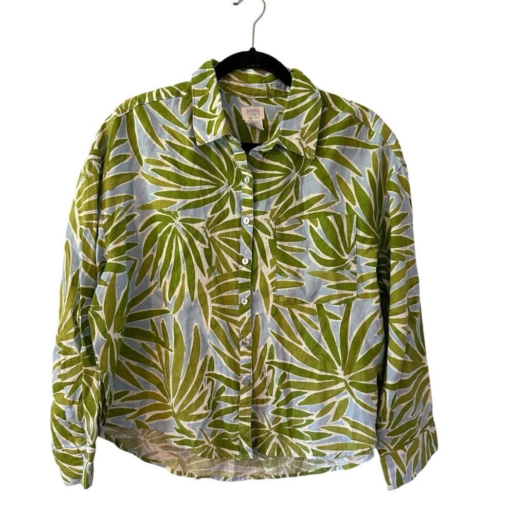 Sigrid Olsen Green and White Palm Leaf Button-Up Blouse